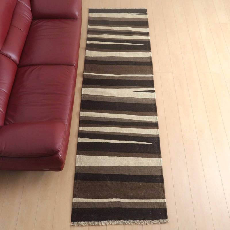 イラン・シラーズ産 キリム 細長 ランナー 290×82cm 手織り ラグ ウール 100% 洗える キッチンマット 廊下敷 ベッドサイド ロングラグ ホットカーペット対応 床暖房対応 ラグマット 絨毯 キリム柄 kilim モノトーン （品番:KR-552）