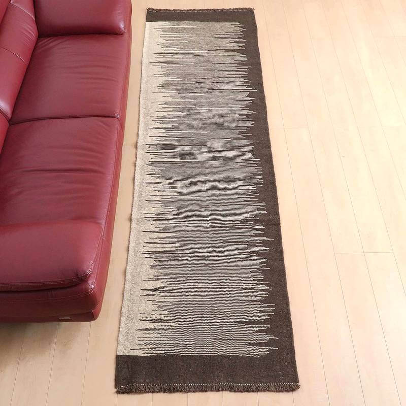 イラン・シラーズ産 キリム 細長 ランナー 287×82cm 手織り ラグ ウール 100% 洗える キッチンマット 廊下敷 ベッドサイド ロングラグ ホットカーペット対応 床暖房対応 ラグマット 絨毯 キリム柄 kilim ブラウン (品番:KR-66267)