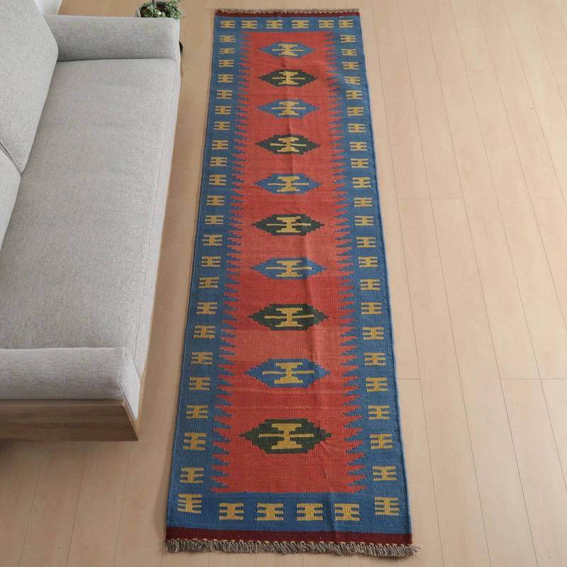 イラン・シラーズ産 キリム 細長 ランナー 293×82cm 手織り ラグ ウール 100% 洗える キッチンマット 廊下敷 ベッドサイド ロングラグ ホットカーペット対応 床暖房対応 ラグマット 絨毯 キリム柄 kilim（品番:KR-810）