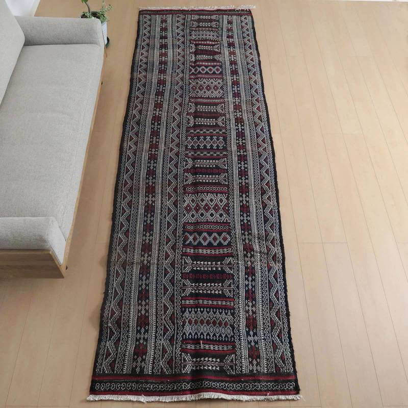 イラン・シルジャン産 キリム 細長 ランナー 123×123cm 手織り ラグ ウール 100% 洗える キッチンマット 廊下敷 ベッドサイド ロングラグ ホットカーペット対応 床暖房対応 ラグマット 絨毯 キリム柄 kilim（品番:KR-814）