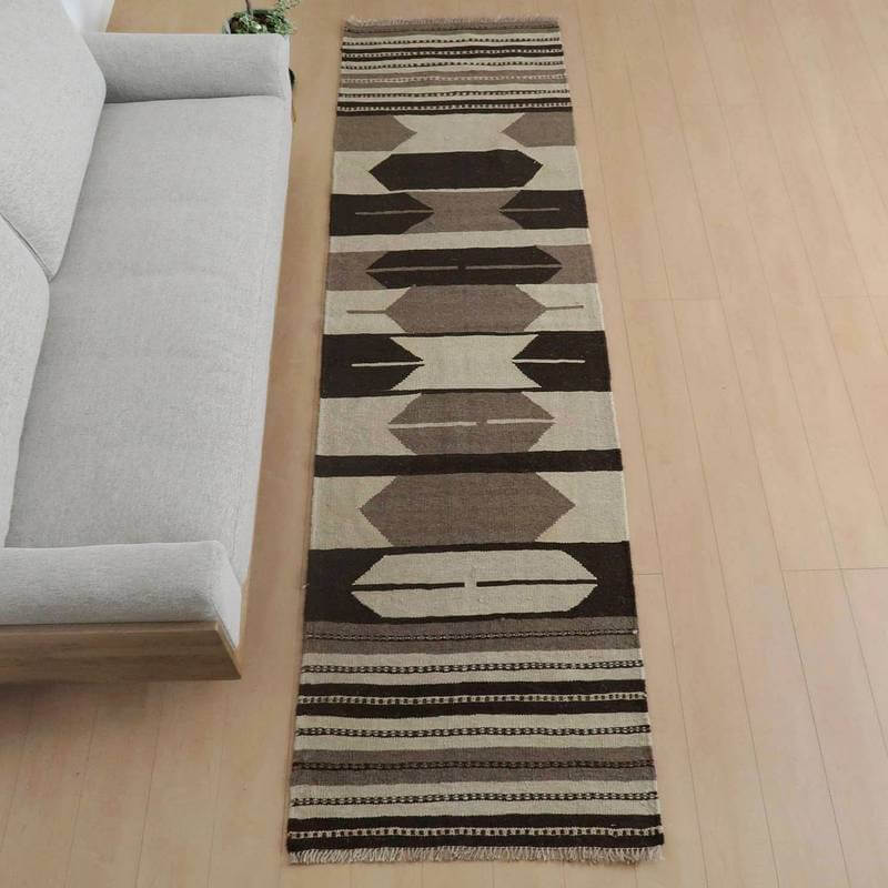 イラン・シラーズ産 キリム 細長 ランナー 298×82cm 手織り ラグ ウール 100% 洗える キッチンマット 廊下敷 ベッドサイド ロングラグ ホットカーペット対応 床暖房対応 ラグマット 絨毯 キリム柄 kilim（品番:KR-830）