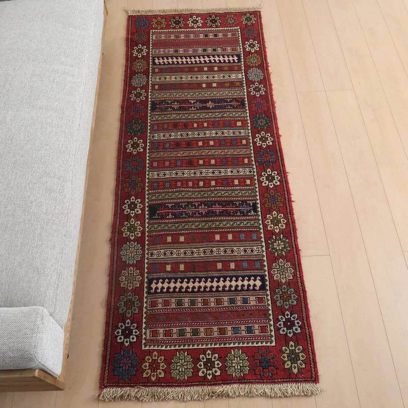 イラン・アゼルバイジャン産 キリム 細長 ランナー 208×79cm 手織り ラグ ウール 100% 洗える キッチンマット 廊下敷 ベッドサイド ロングラグ ラグマット 絨毯 キリム柄 kilim （品番:KR-906）