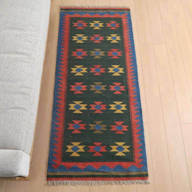 イラン・シラーズ産 キリム 細長 ランナー 195×85cm 手織り ラグ ウール 100% 洗える キッチンマット 廊下敷 ベッドサイド ロングラグ ホットカーペット対応 床暖房対応 ラグマット 絨毯 キリム柄 kilim（品番:KR-978）