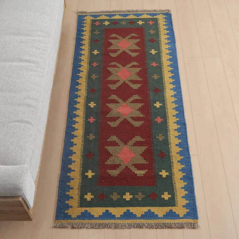 イラン・シラーズ産 キリム 細長 ランナー 195×84cm 手織り ラグ ウール 100% 洗える キッチンマット 廊下敷 ベッドサイド ロングラグ ホットカーペット対応 床暖房対応 ラグマット 絨毯 キリム柄 kilim(品番:KR-993)|キリム&絨毯・オリエンタルムーン