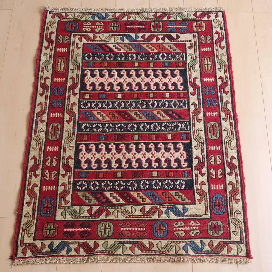 キリム イラン製 玄関マット103×80cm 手織り 小さめ ラグ ウール 100% おしゃれ 北欧 エスニック アジアン 夏用 洗える ホットカーペット対応 床暖房対応 ラグマット 絨毯 スマック織り アゼルバイジャン kilim （品番:KS-18）