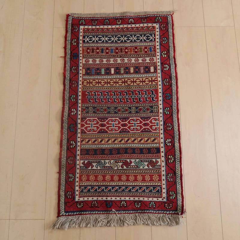 キリム イラン製 玄関マット100×51cm 手織り 小さめ ラグ ウール 100% おしゃれ 北欧 エスニック アジアン 夏用 洗える ホットカーペット対応 床暖房対応 ラグマット 絨毯 スマック織り アゼルバイジャン kilim （品番:KSS-758）