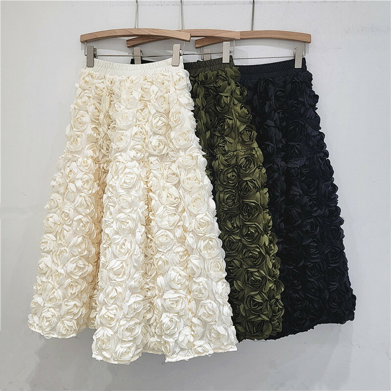 レディース ウエストゴム バラの花 プリーツ ロングスカート 立体感 スカート