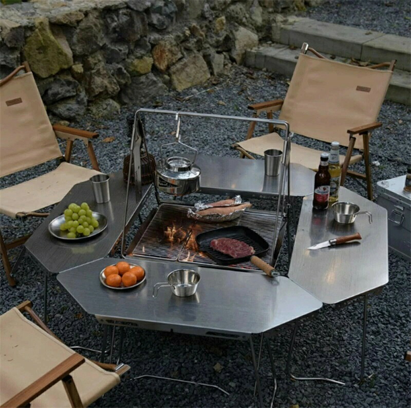 屋外バーベキューテーブル ステンレススチール bbq折りたたみ式ストーブ お茶の淹れ方 キャンプテーブル キャンプファイヤー加熱 八角形テーブル 多機能焚き火台 キャンプ用品 薪ストーブ 焚火台 折りたたみ収納 ポータブル 焚き火をし お茶を入れる ア登山 旅行｜大西商事アセットサービス