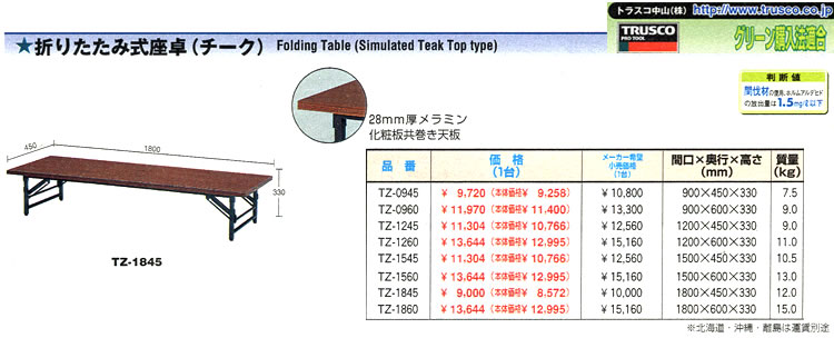 TRUSCO(トラスコ) 折りたたみ式座卓 1800X450XH330 ピュアツリー TZ