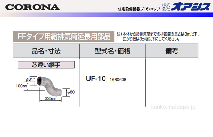 楽天市場 Ffタイプ用給排気筒延長用部材 芯違い継ぎ手 Uf 10 Corona コロナ オアシスプラス