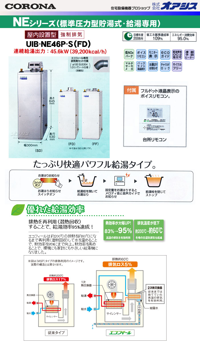 楽天市場 45 6kw貯湯式 標準圧力型石油給湯器 エコフィール Uib Ne46p S Fd Corona コロナ 給湯専用 屋内 強制排気 ボイスリモコン オアシスプラス