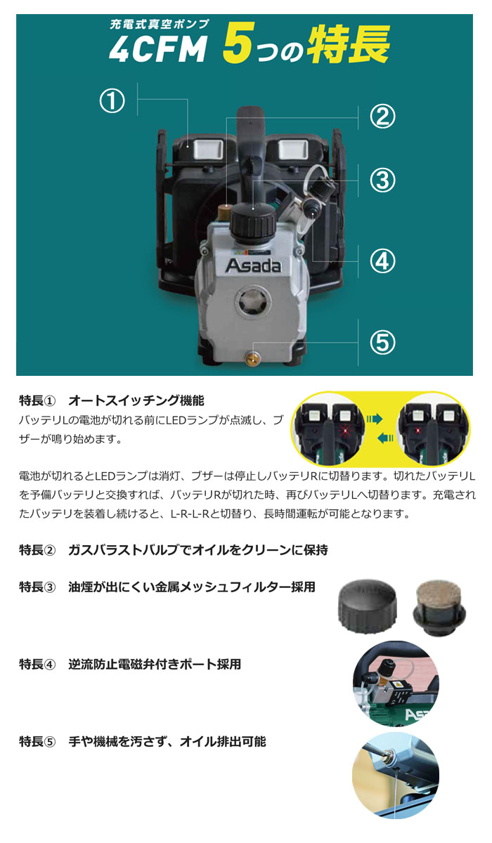 ランキング第1位 アサダ 充電式真空ポンプ４ＣＦＭ VP400 株