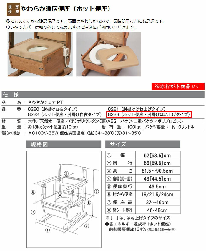 ウチエ 木製ポータブルトイレ さわやかチェアPT 3 肘掛け自在タイプ