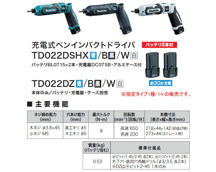 プレゼント 7.2V充電式 ペンインパクトドライバー TD022DZW マキタ makita 白 本体のみ www.numberz.co