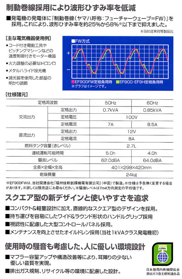 ガソリン発電機 4サイクルポータブルタイプ EF900FW(60Hz) ヤマハ DIY