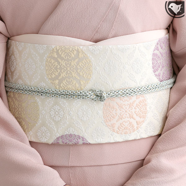 【オーダー商品】(銀ベース)＊河合美術織物 謹製 唐織り 西陣織 能寿新小葵唐花丸文 袋帯 白 【ママ振袖 帯・振袖帯】ベージュ 正絹 日本製送料・代引き無料！[商品番号：19325]