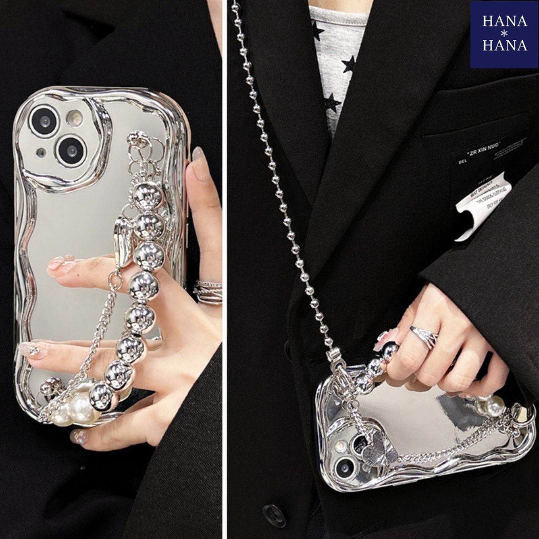 パールチェーンラインストーンリボンミンクファーボールスマホケース
