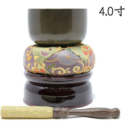 二方りん 上蓋かたりん 一揃い書き割り 薄色たま物仕上 4.0寸 差しわたし12珊 りん台 りん棒 書き割り 佐波理 さ硝子 おりん 仏壇用 りん リン お鈴 仏具 京都の技術者手作り 御前上等金襴布団 まっ黒りん棒金襴一巻き 京仏具 京都 御前上等りん 響銅  砂張 沙張 さわり 砂張りん 佐波理りん 沙張りん