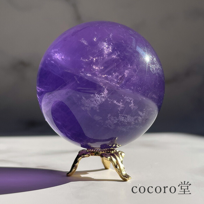 天然石 パワーストーン 【現品限り】パープルフローライト レインボー入り 丸玉 置き物 ※金台座付き サイズ：直径約50mm 重さ：約213g レディース メンズ 勝負 恋愛 【メール便不可】