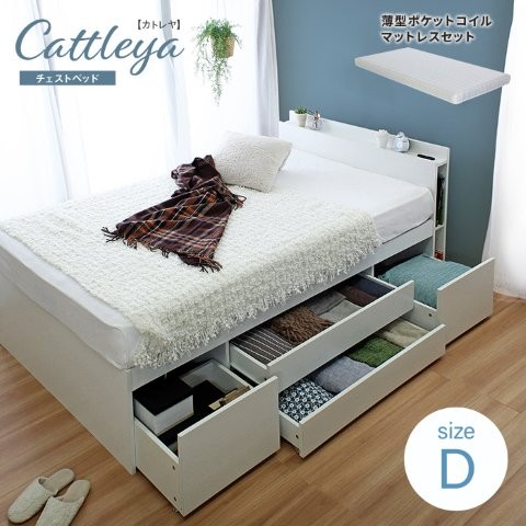 マットレスセット 棚付き 大容量 引き出し収納ベッド 薄型マットレス Cattleya【カトレヤ】 ダブル スタンザインテリア