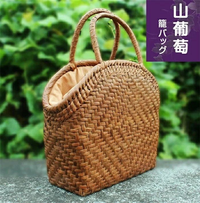 「10倍ポイント」職人手作り 山葡萄 かごバッグ 網代編み 中型 綿麻内布付き 山ぶどう バック かごバック カゴ 籠 バスケット 籠バック｜OCEAN29　店