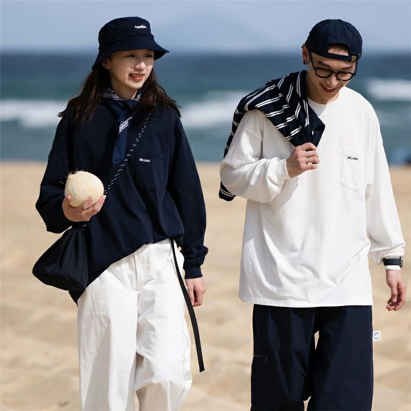 ペアルック トレーナー シンプル 無地 uネック レトロ 長袖 ファッション ポケット ブランド カップル お揃い 服 秋 冬 レディース おし
