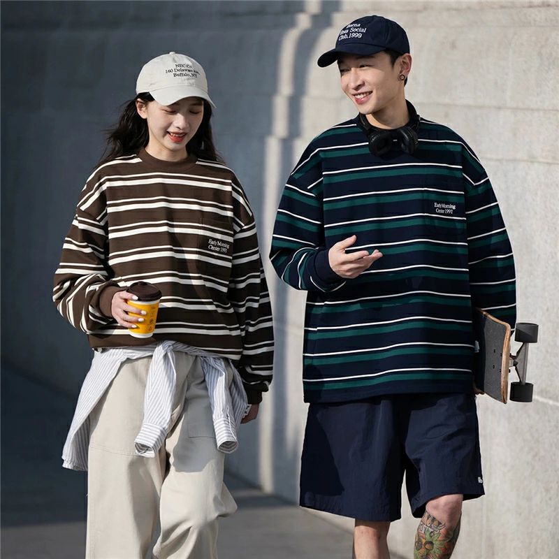 ペアルック トレーナー レトロ カジュアル ボーダー 長袖 ファッション ゆったり ブランド カップル お揃い 服 秋 冬 レディース おしゃ