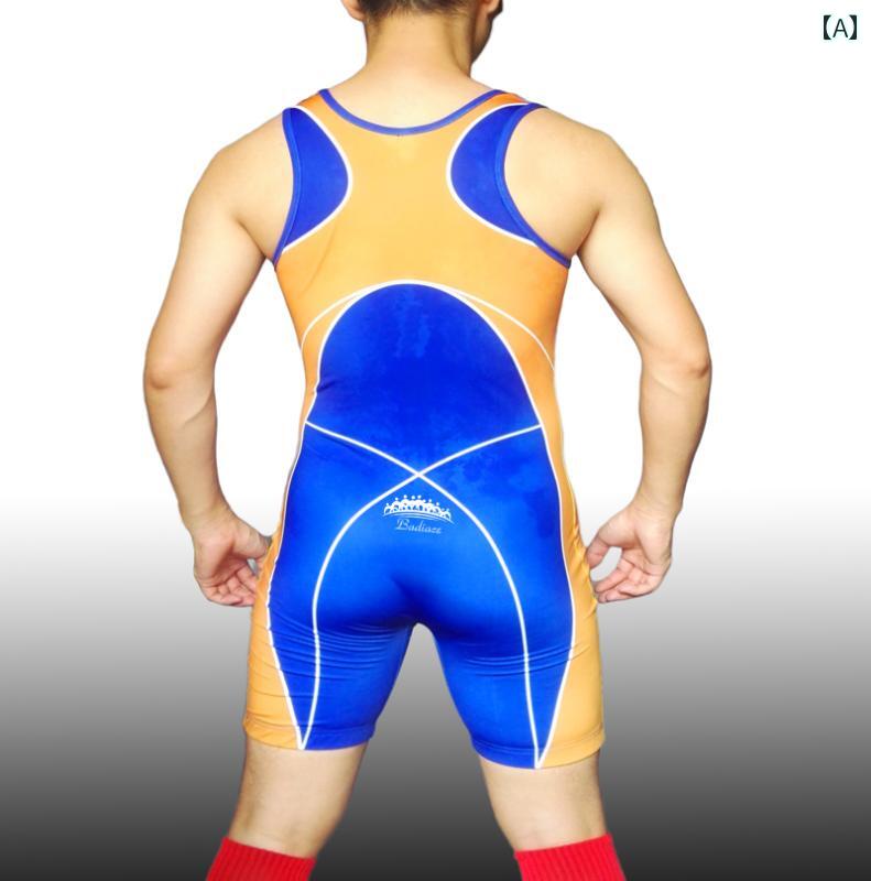 レスリング 御召しもの シングレット 背広 運動競技 形づくる メンズ ウエイトリフティング タイツ 青碧 赤いこと 緑であること