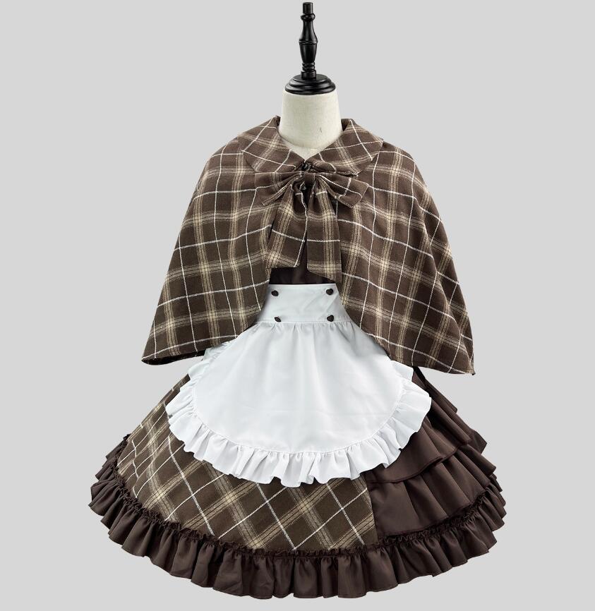 【送料無料】メイド服 チェック柄 ドレス マント付き ワンピース 可愛 半袖 ゴシック エプロ リボン付き パニエ対応可能 ワンピース ゴ