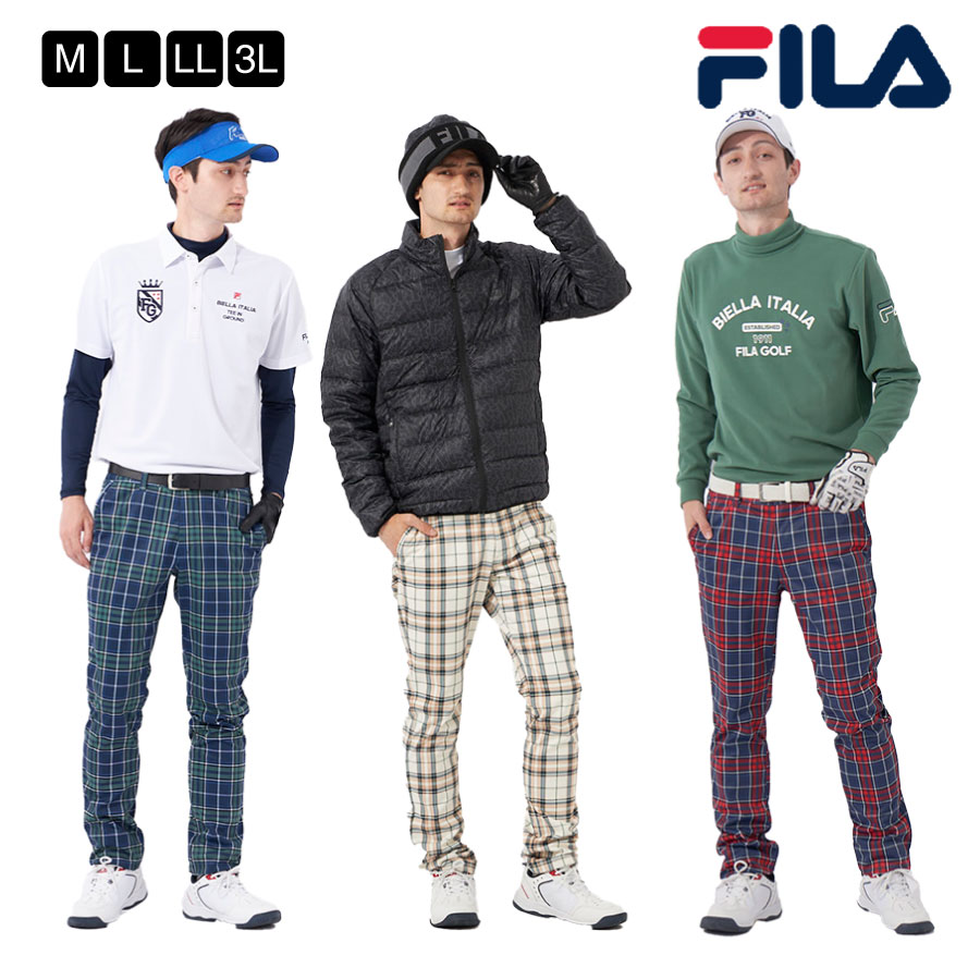 メンズ ロングパンツ ボンディング チェック柄 裏フリース フィルム加工 防風 テーパード 細身 ウエストゴム 腰裏滑り止め Dカン付き ロゴ刺繍 ゴルフウェア アウトドア FILA GOLF フィラゴルフ ネイビー オフホワイト レッド M L LL 3L 782306 秋 冬