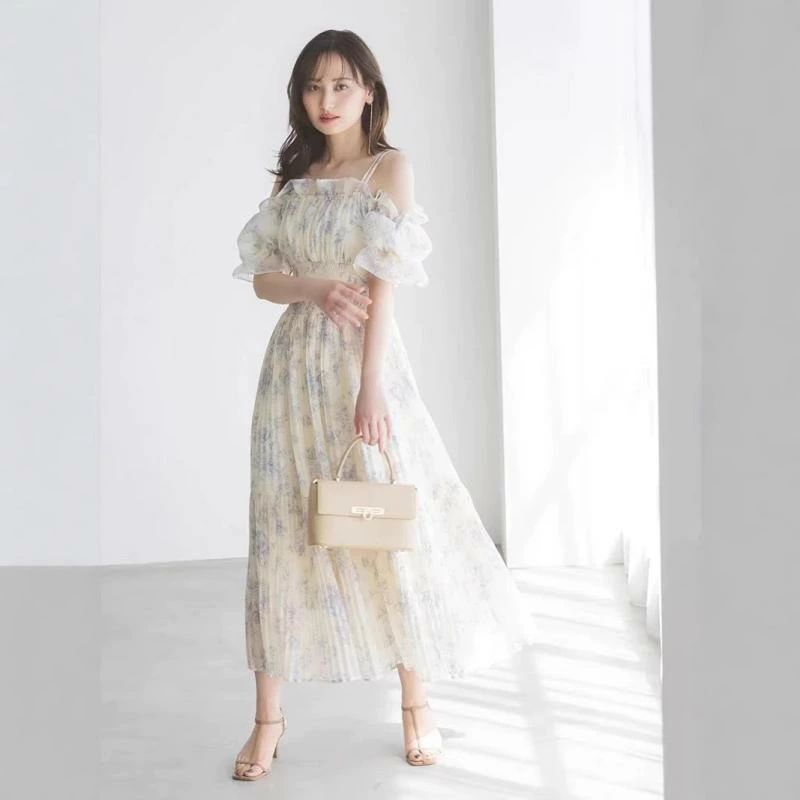 ワンピース レディース オフショルダー 花柄 プリーツ ミモレ丈 パフスリーブ スタイルアップ 上品 かわいい 日系 夏 ハイウエスト ポリエステル素材｜オクトパスーSHOP