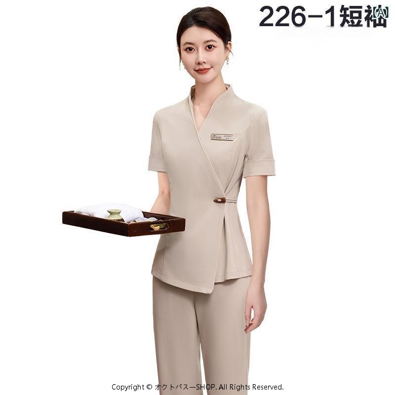 ユニフォーム エステティシャン 美容師 セラピスト 施術着 制服 美容クリニック スパ 整体 マッサージ 韓国デザイン ストレッチ 伸縮性 通気性 ポリエステル 半袖 七分袖 上下セット パンツスタイル