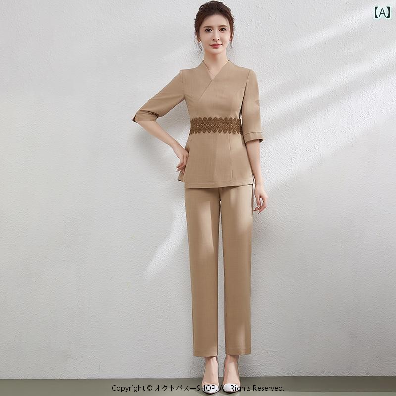 エステ 制服 ズボン下 美容院 フットバス ユニフォーム レディース 夏 窈窕たる 美容師  健康さ野球クラブ フットマッサージ セットアップ 赤ちょうちん スパ Vのど首 分かりやすい 五分袖 駱駝 緑 ダイエット・健康-リラックス・マッサージ用品-エステユニフォーム