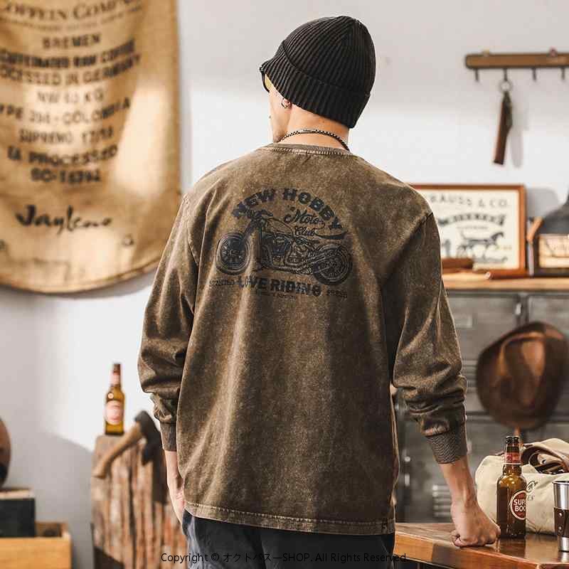 Tシャツ メンズ ヘビーウェイト 厚手 抗菌 コットン 長袖 アメカジ レトロ ヴィンテージ ウォッシュ加工 古着風 デザイン プリント ロゴ ストリート ビッグシルエット ルーズ オーバーサイズ ゆったり 秋 スポーツ 普段着