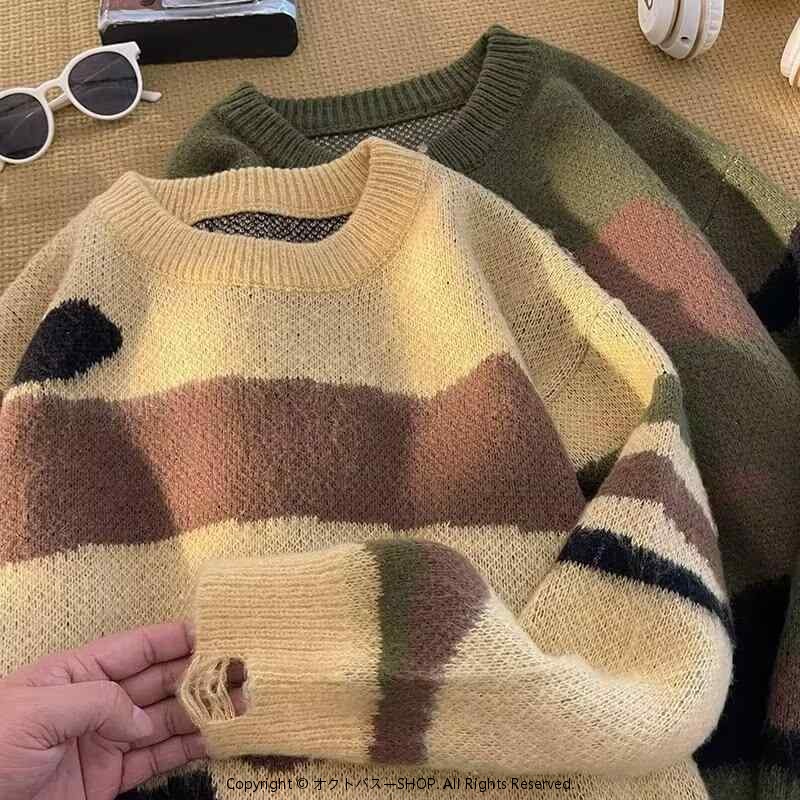 春 コーデ メンズ 用 服 シンプル ファッション オシャレ 大人 かっこいい 大きいサイズ ストリート 紳士服 アメリカン レトロ 迷彩 カラー ホール セーター ヴィンテージ プルオーバー