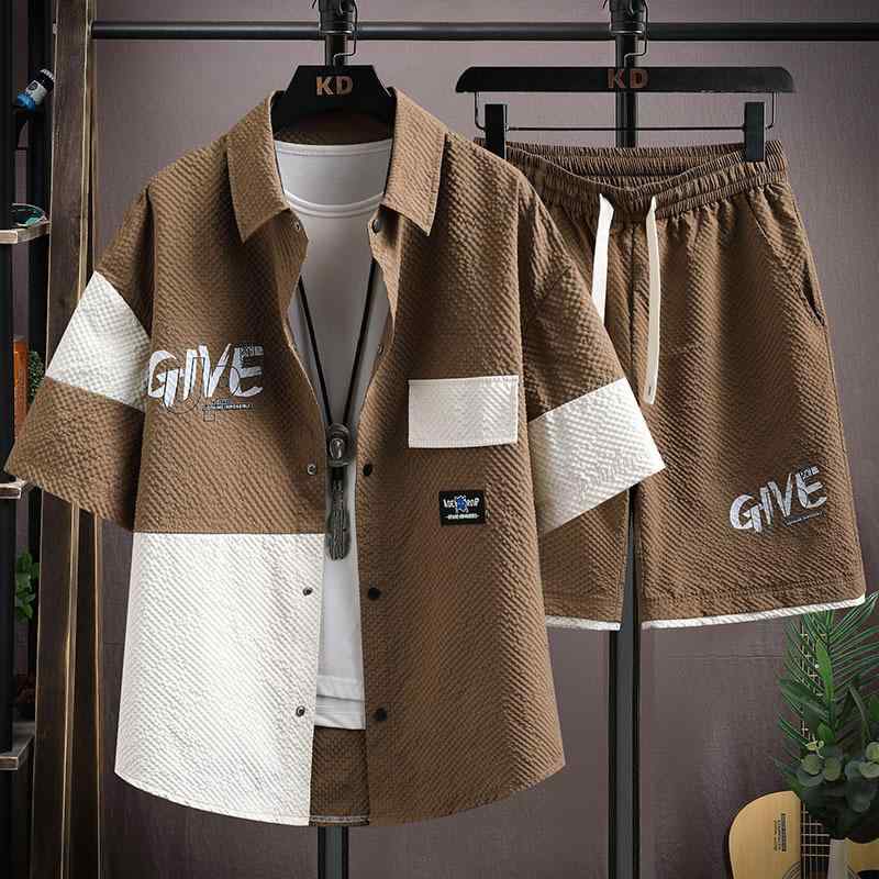 セットアップ メンズ 半袖 シャツ ショートパンツ 上下セット 夏服 カジュアルスタイル ポリエステル素材 若者向け 普段使い ルームウェア オフホワイト ブラック カーキ