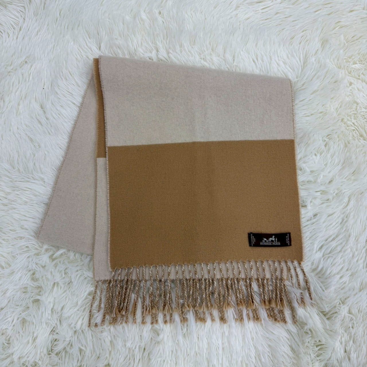 【中古】エルメス Herm&egrave;s カシミアマフラー Cashmere Scarf ブラウン&times;ベージュ Brown x Beige Cashmere Scarf｜ODAFUKU　店