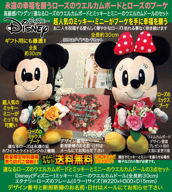 格安即決 Disney ディズニー ミッキー ミニー 高級ウエルカムボード ホワイトローズ ウエディングドールのセット 沖縄と離島を除く 結婚式 結婚記念 結婚祝い 結婚祝いギフト 名入れ ウエディングドール ブライダルギフト Rcp メーカー包装済