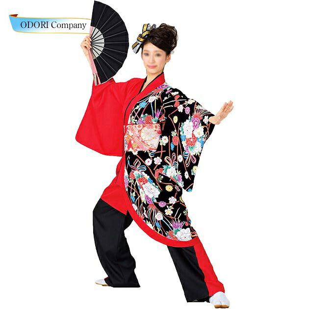 よさこい お召しもの レディース 成年者 袢天 今めかしい 赤 花柄