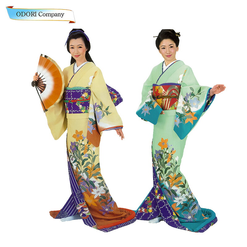 裾引っ張ること お引きずり お引っ張ること お引き摺り 緑 黄 お召しもの 日本踊り 舞踊 女芸者お召しもの 一般大衆 演劇術 仕立てもの売り上げ金 ポリエステル 歌謡曲踊り