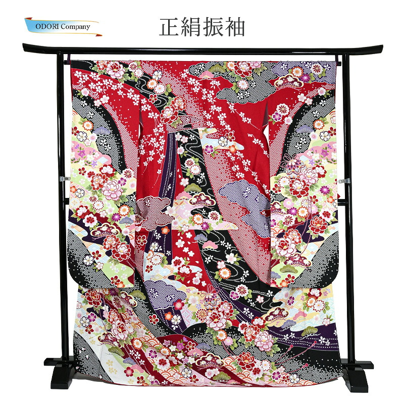 振袖 正絹 着物 きもの 袷せ 仕立上り 現品限り 1点もの お買い得 赤地疋田に松 大衆演劇 ふりそで od-3011|ODORI Company 店