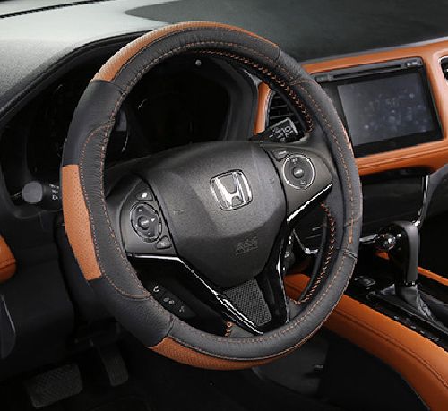 Leather Steering Steering Wheel Cover Black Brown Interior Dress Up Custom Parts Accessory For Honda Fit Cr V ヴェゼルアコードハイブリッド