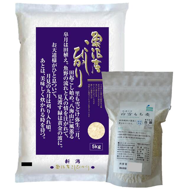 ＜令和7年産・2025年産＞ 魚沼産コシヒカリ5kg＋新潟市秋葉区産もち麦450g詰め合わせセット　※米袋のデザイン変更になりました