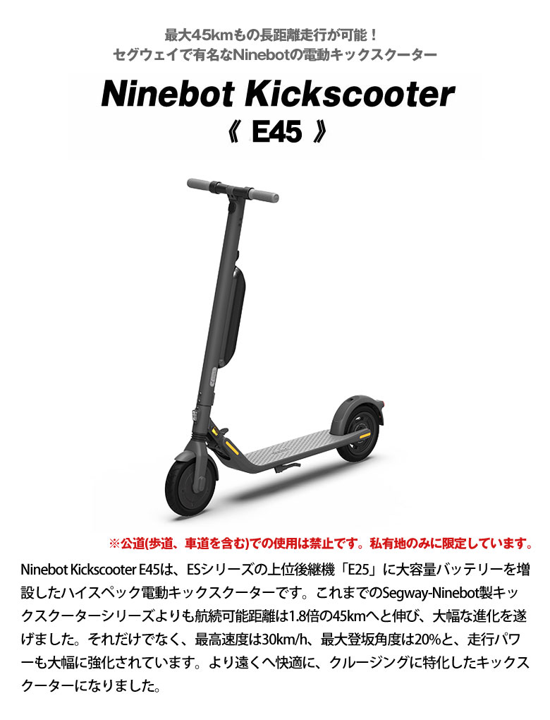 時間指定不可 Ninebot Kickscooter E45 電動キックスクーター 電動 キックボード スクーター スケボー スケートボード好きな方 電動式 車のトランクへの積み込み 軽量 Segway セグウェイ ナインボット モビリティ 折り畳み 大人用 シルバーグレー ホワイト 長距離 走行