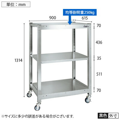 ◇高品質 サカエ ステンレスラック 移動式 3段 耐荷重250kg SUS430 幅