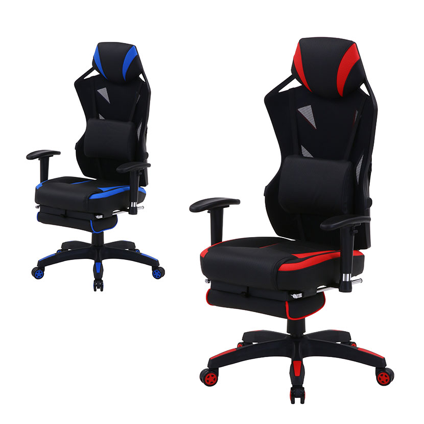 メッシュゲーミングチェア レイズ フットレスト付き 無段階リクライニング ランバーサポート付き 幅685&times;奥行655～1480&times;高さ1180～1255mm 座面高さ420～495mm｜オフィス家具通販のオフィスコム