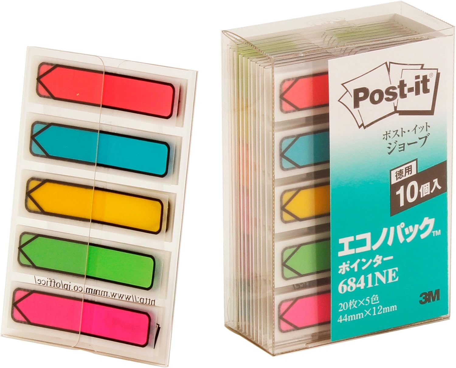 ポストイット ジョーブ製品 ポインター エコノパック製品 オレンジ/アクア/イエロー/ブライトグリーン/ローズ 40mm×12mm 20枚×5パッド×10個 6841NE フィルムふせん 付箋 しめす ポストイット】 /4547452871421|オフィスジャパン