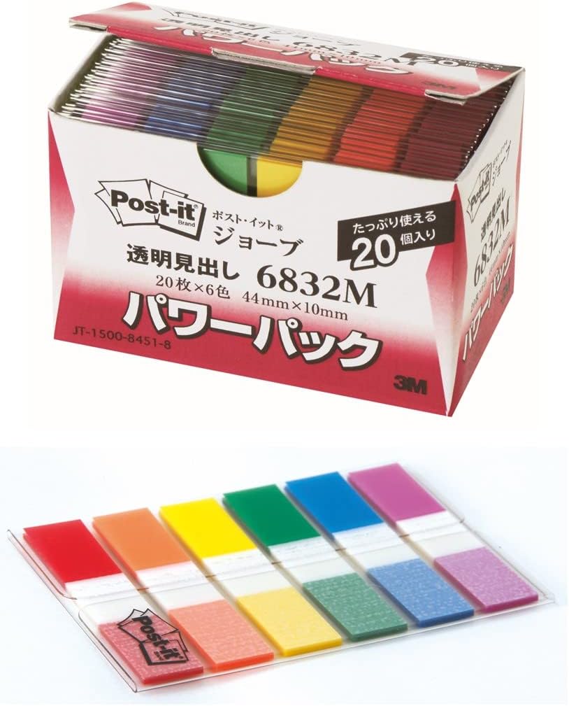 ポストイット　ジョーブ製品　透明見出し　パワーパック パープル/ブルー/グリーン/イエロー/オレンジ/レッド 44mm×10mm 20枚×6パッド 6832M フィルムふせん 付箋 しるす /4549395857470