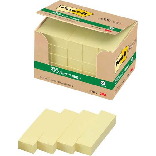 スリーエム ポストイット通常粘着製品エコノパック　見出し イエロー 50mm&times;15mm 100枚&times;25パッド 7001-Y ふせん 付箋 お得パック ポストイット】 /4519001536853｜オフィスジャパン