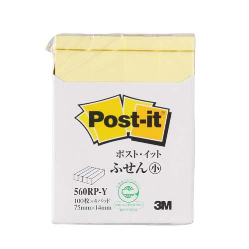 スリーエム ポストイット通常粘着製品　ふせん小 イエロー 75mm×14mm 100枚×4パッド 560RP-Y ふせん 付箋 [ポストイット] 4901690018206（180セット）